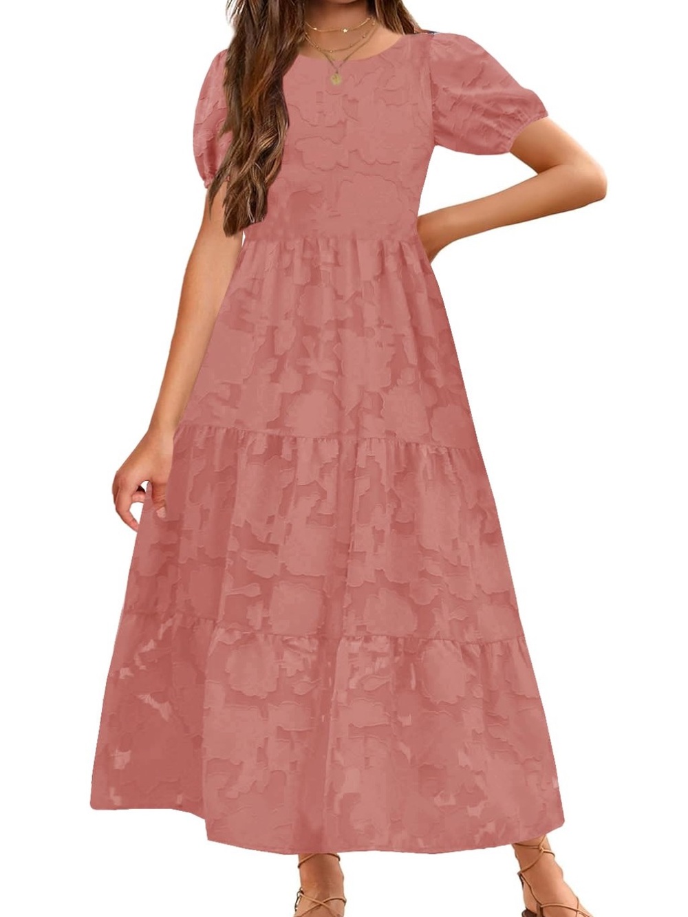 Women’s Dusty Rose Tiered Maxi Dress with Puff Sleeves